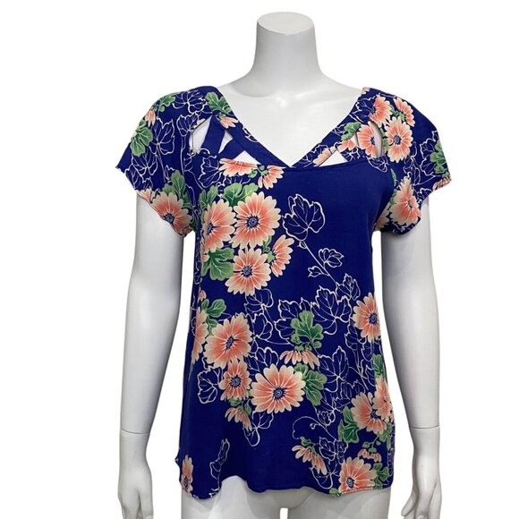 Maeve Anthropologie Floral Top Shirt Womens Size 10 Cut Outs Short Sleeves - Picture 1 of 5